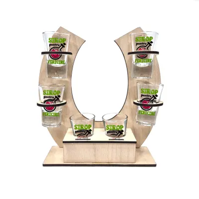 Sirop pentru fericire, suport potcoava din lemn cu 6 pahare tip shout, model hgs116